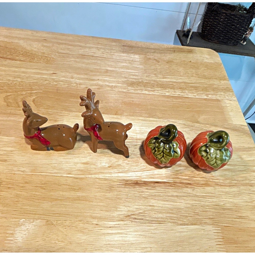2 Sets of Ceramic Salt & Pepper Shakers, Fall Pumpkins & Holiday Reindeer